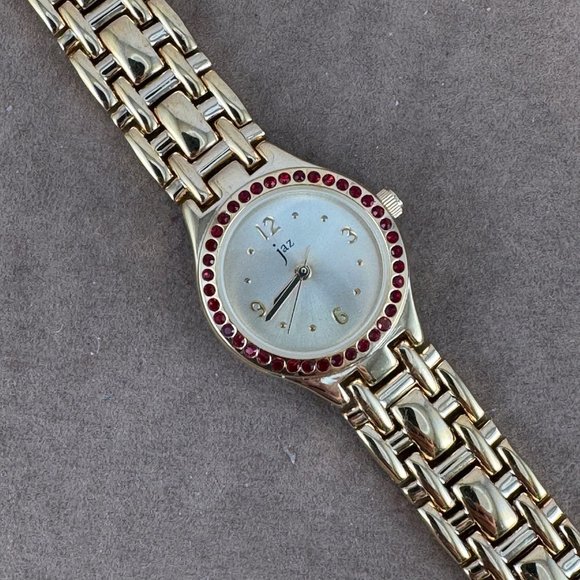 Vintage Jaz Paris French Designer Gold 18K gold plated Watch with red CZ Bezel - Picture 4 of 9